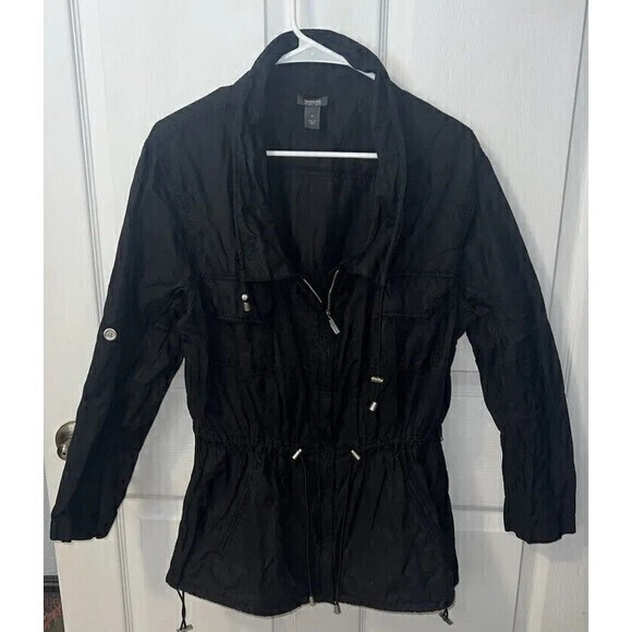 Kenneth Cole Reaction Womens Jacket Medium Black Drawstring Zip Up Windbreaker - Picture 1 of 6